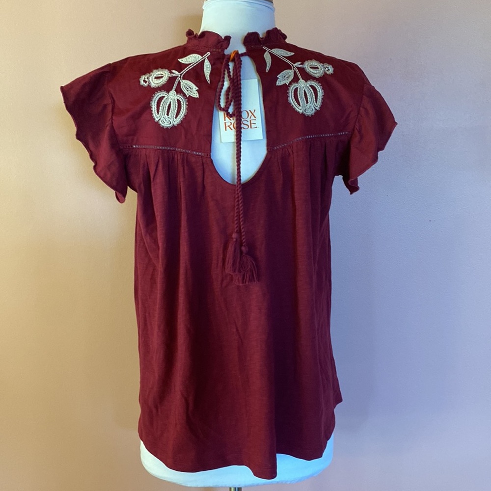 Flutter Sleeve Embroidered Top Blouse Knox Rose Red Purple Burgundy Floral NWT - Picture 8 of 8